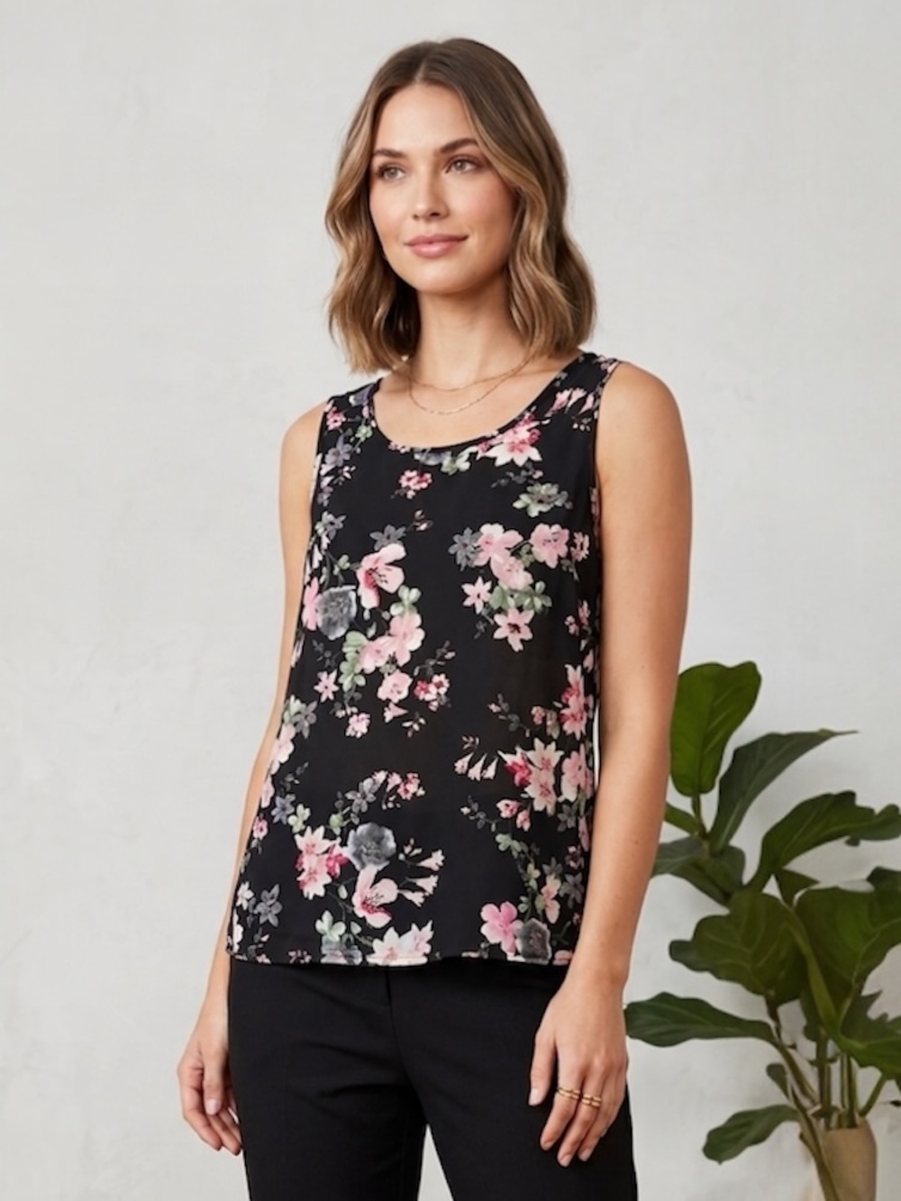 Express Floral Open-Back Tank Top Size XS Black Pink Chiffon